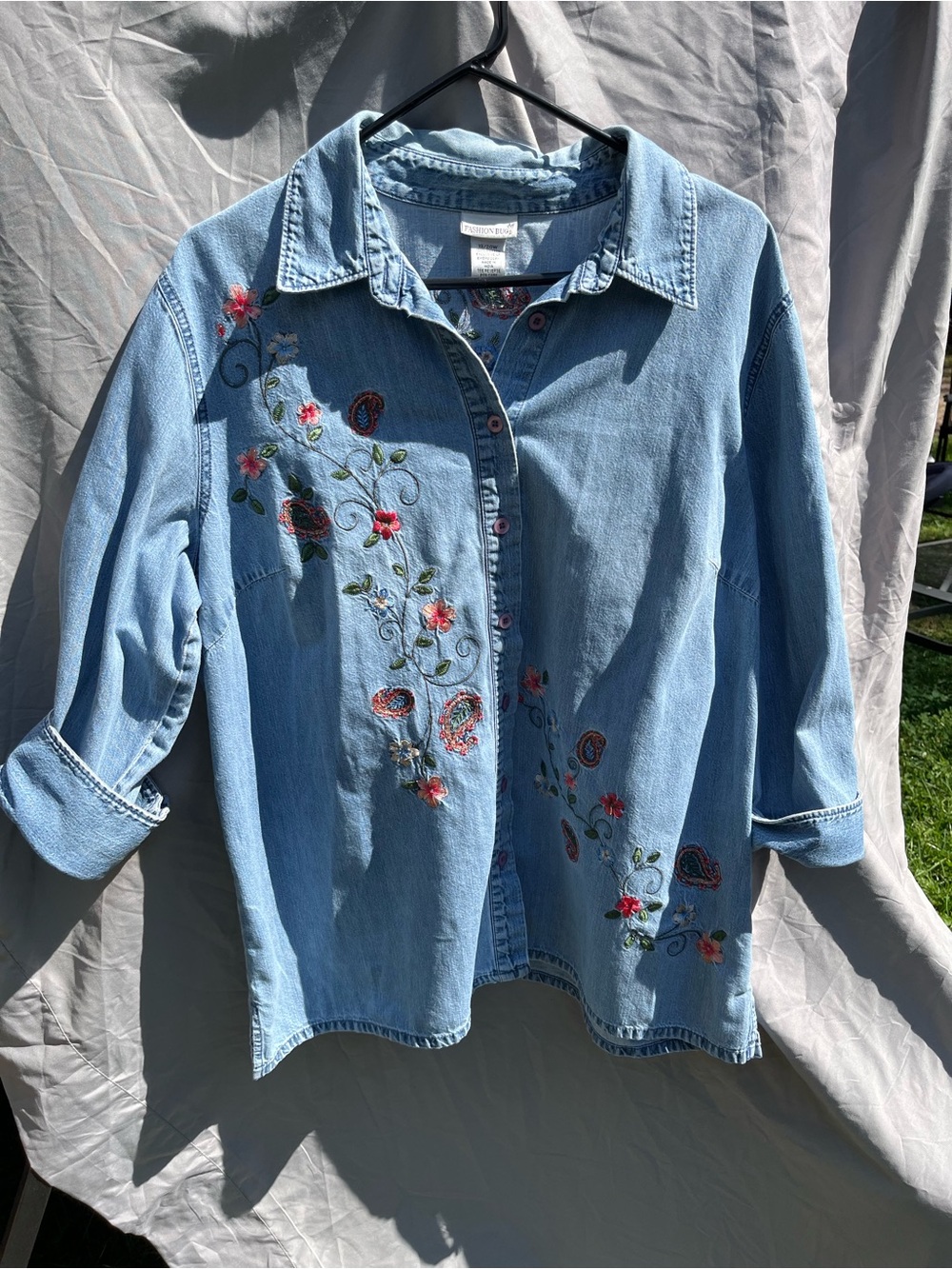 Fashion Bug Light Blue Embroidered Denim Button-Down Top